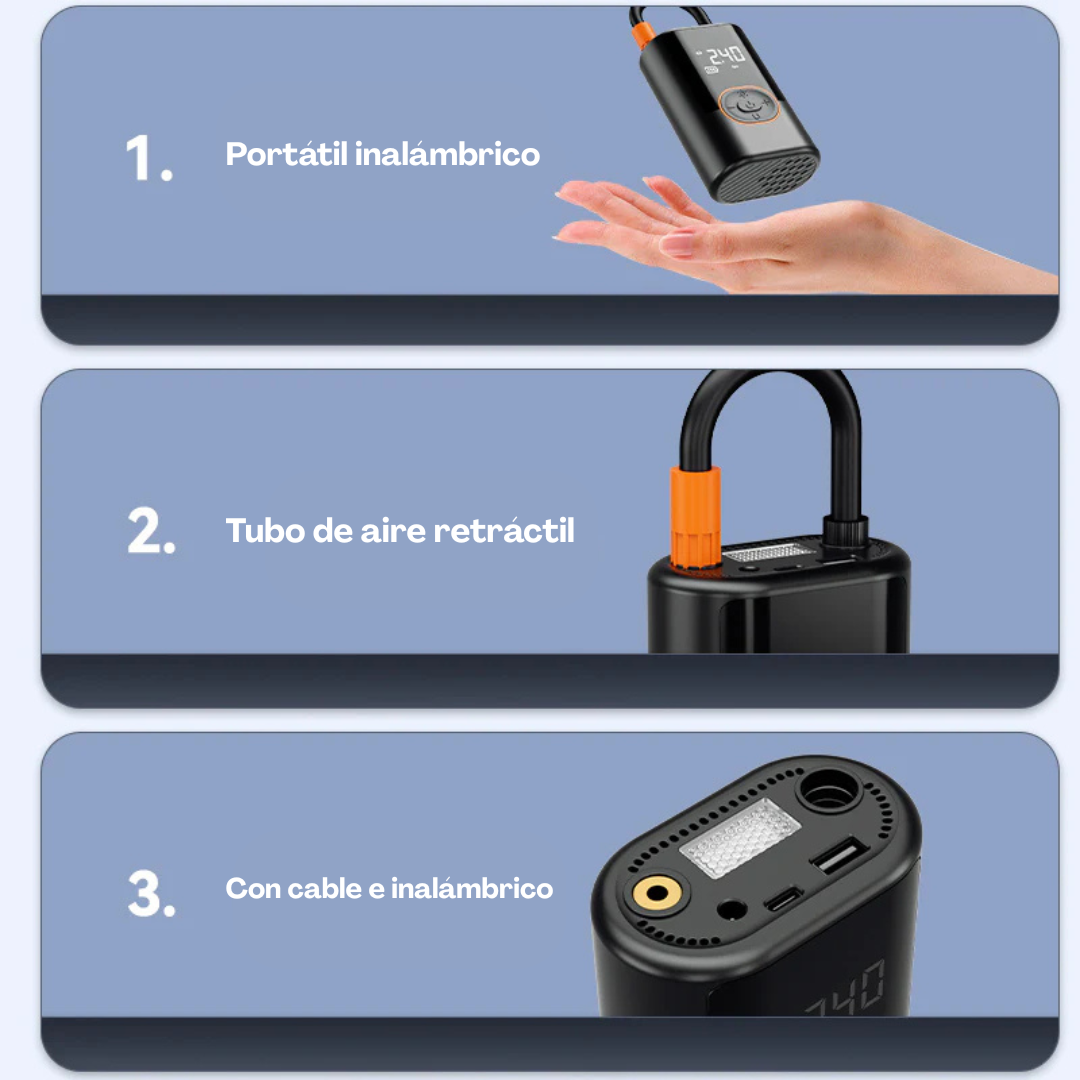 AirCore S1 – Inflador de neumáticos portátil inteligente | Inalámbrico + Cableado + Batería externa